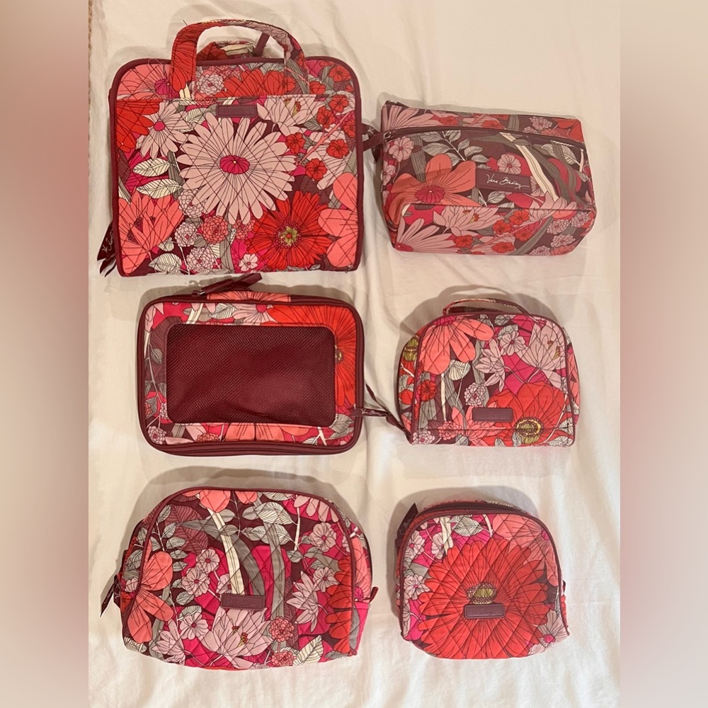 Vera Bradley Red and Pink Floral Large Duffle + Cosmetic/Jewelry Bag Collection